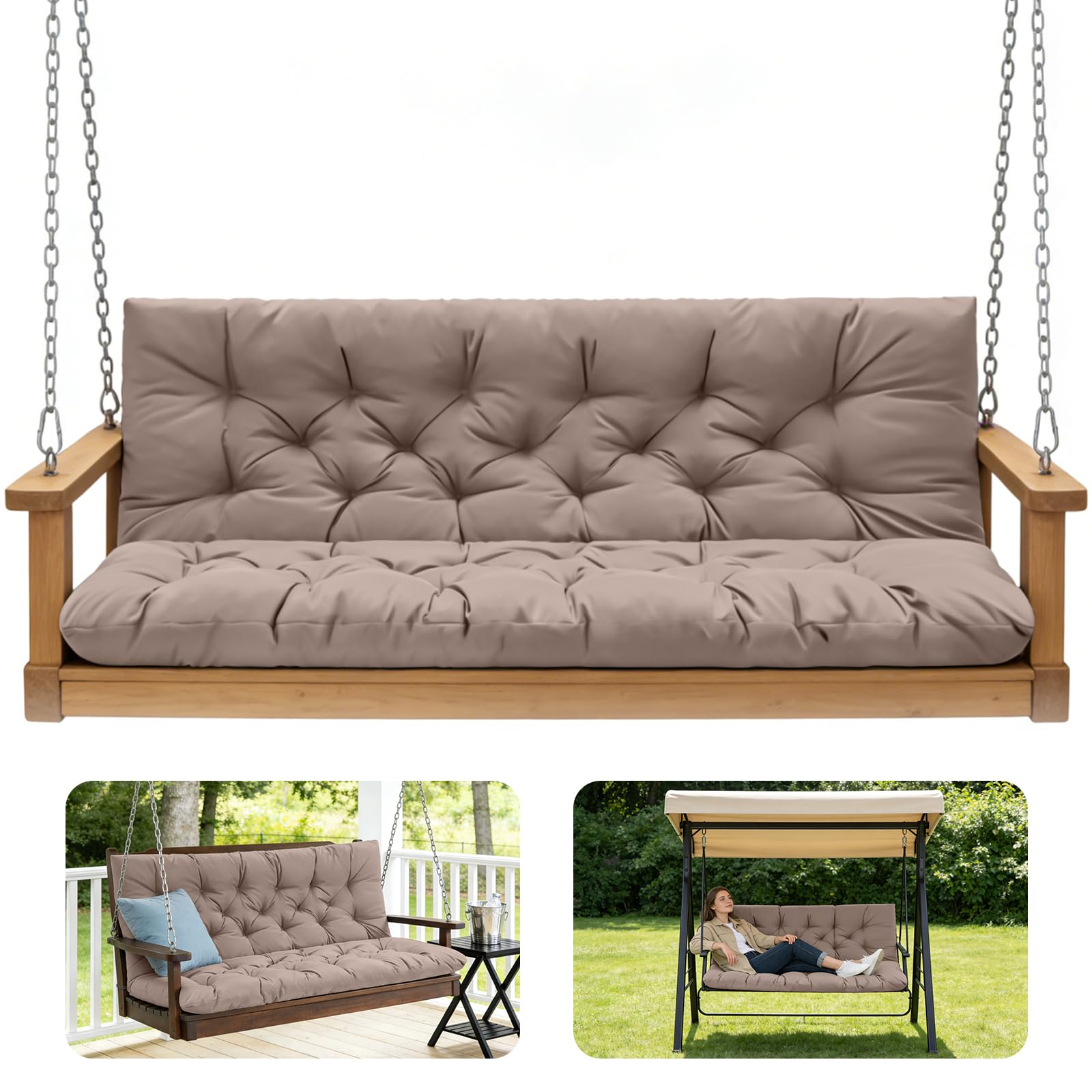 GPQAWER outdoor swing cushions with backrest for 60x40 khaki setup.