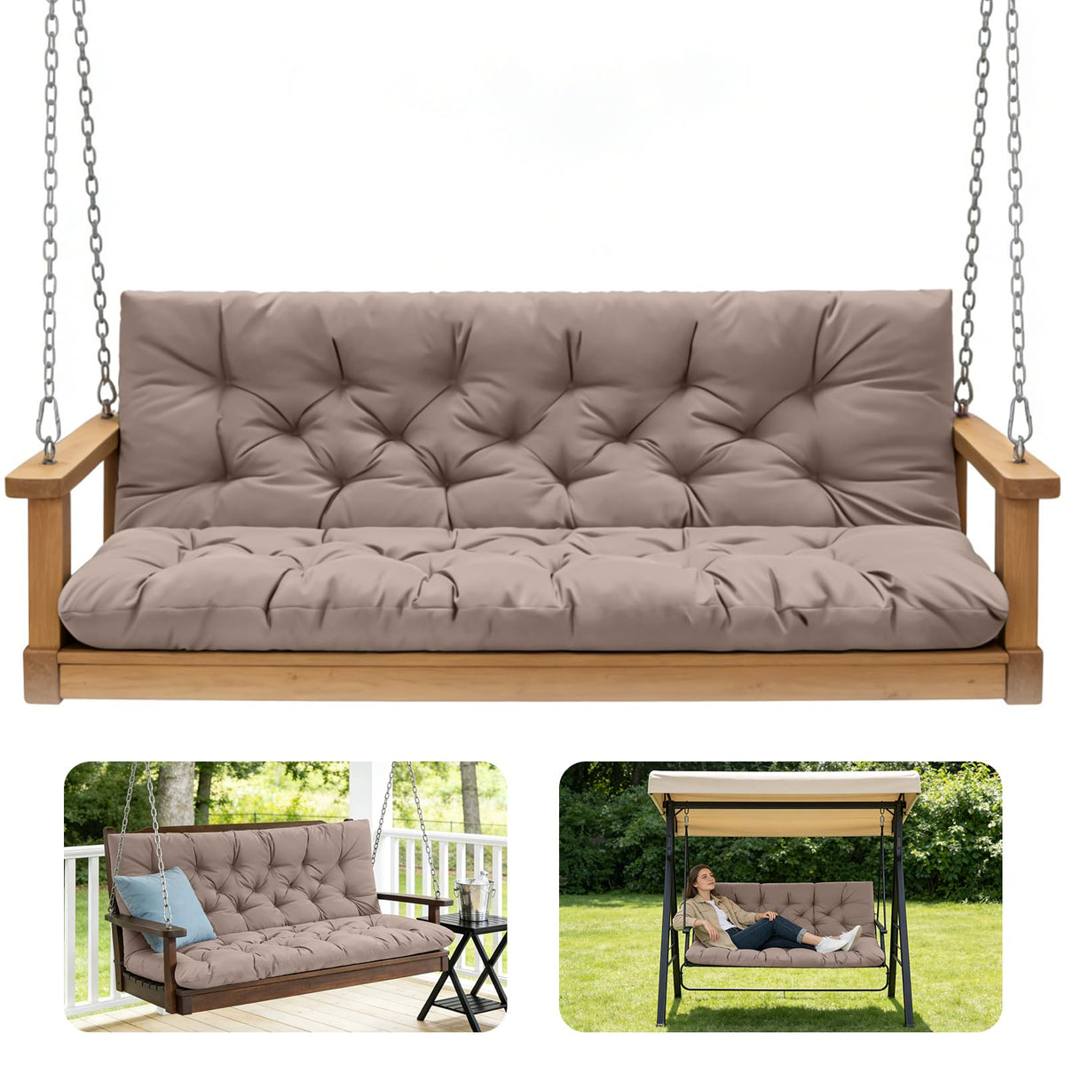 GPQAWER outdoor swing cushions with backrest for 60x40 khaki setup.