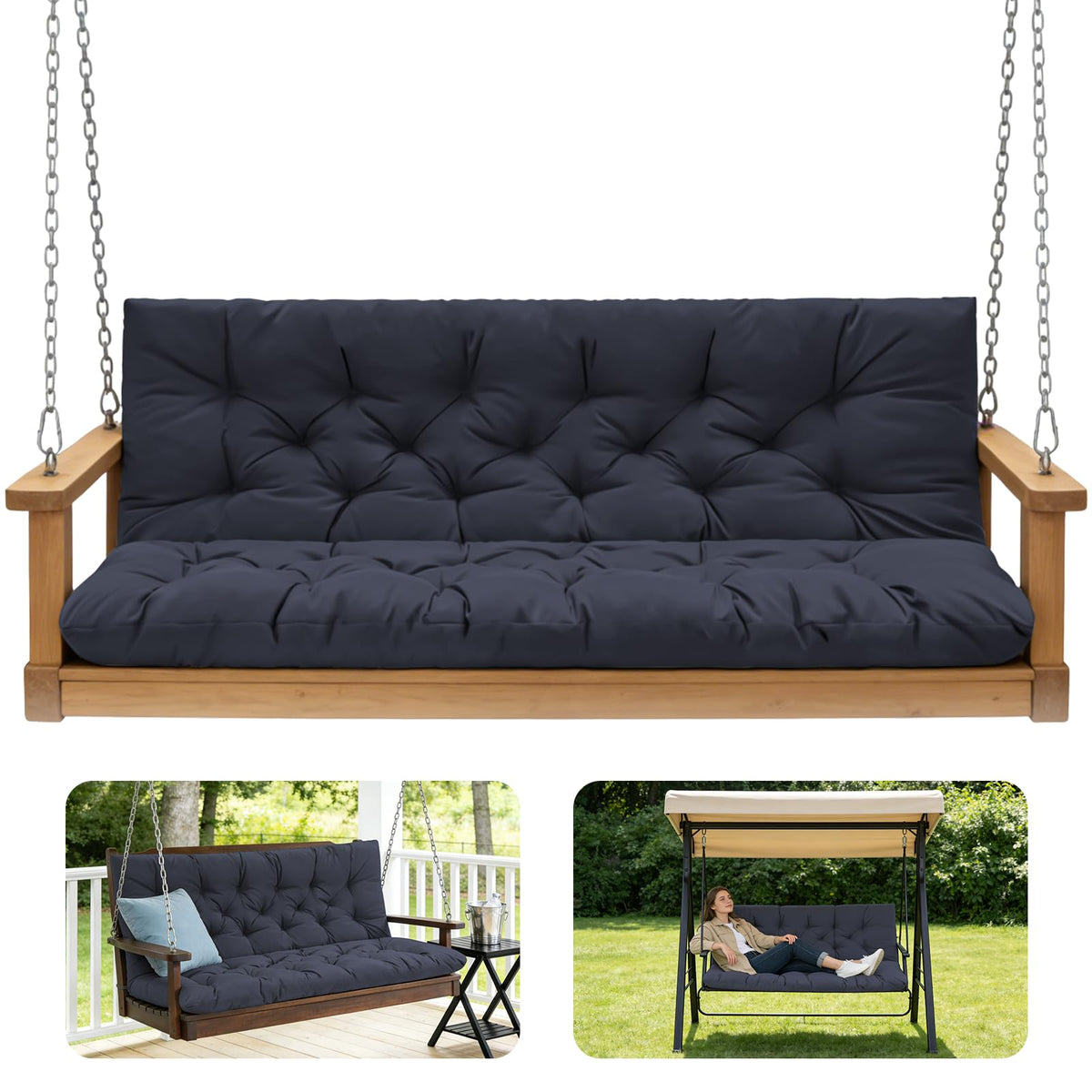 GPQAWER navy backrest outdoor swing cushion on a porch