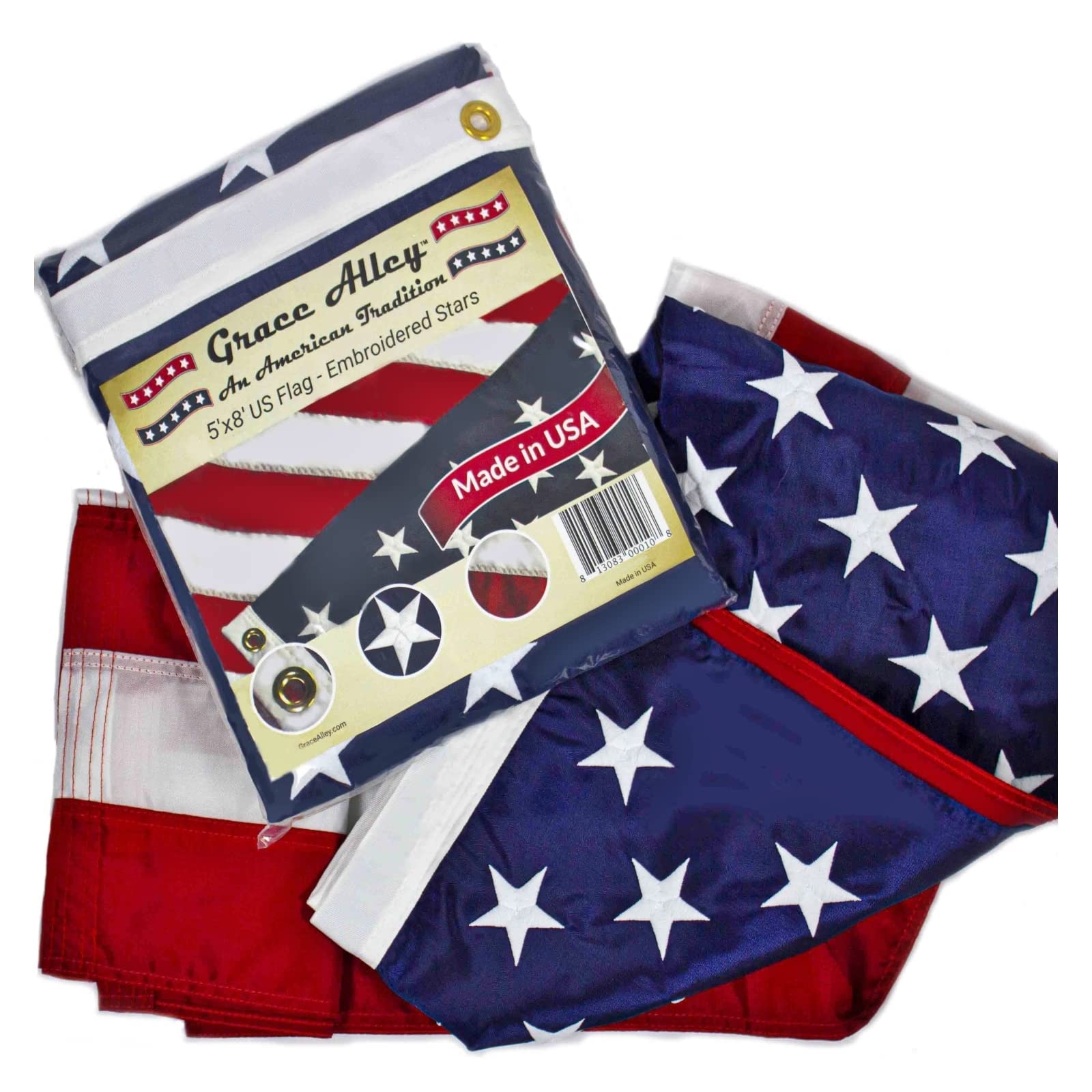 Grace Alley 5x8 ft American flag with embroidered stars, ideal for durable outdoor displays.