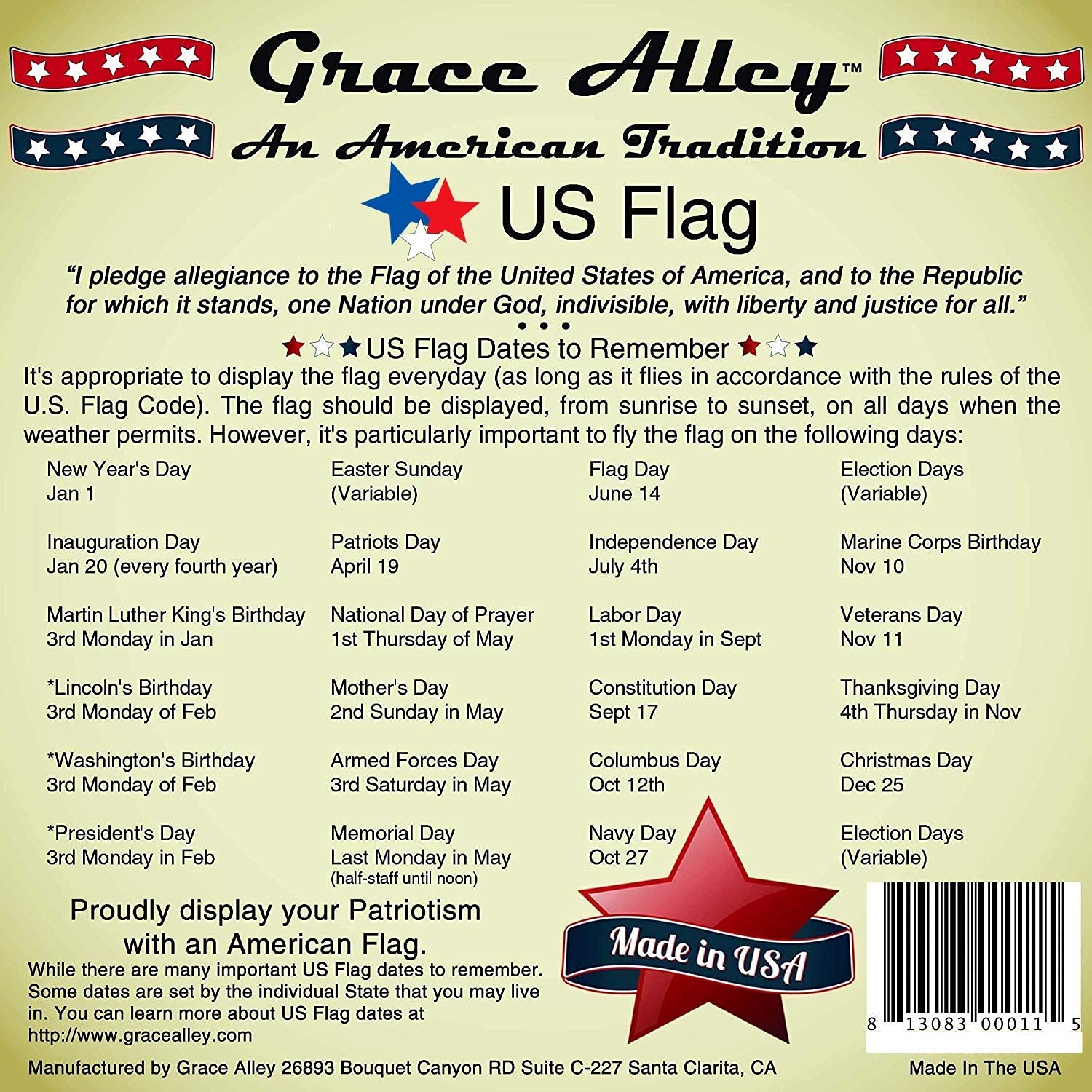 Grace Alley flag ready for outdoor display, designed for simple mounting.