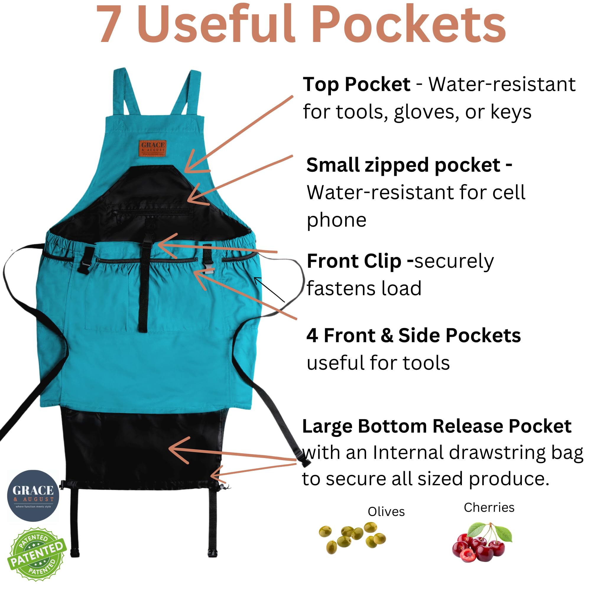Grace and August apron showing the zip top pocket for secure tools