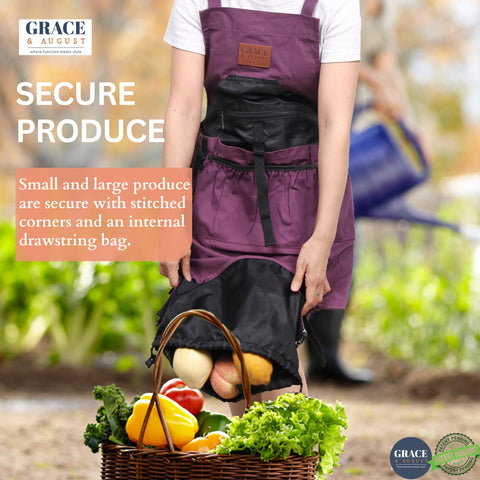 Grace and August apron interior waterproof bag keeps harvests clean and contained.
