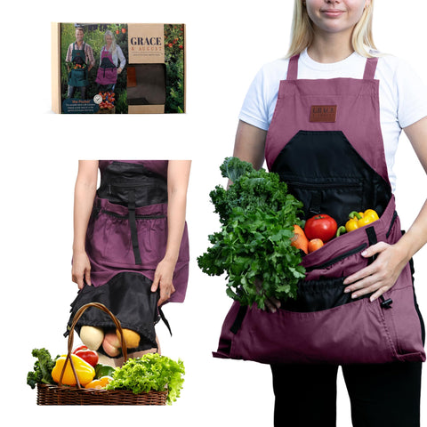 Grace and August gardening apron front view with seven pockets for tools.