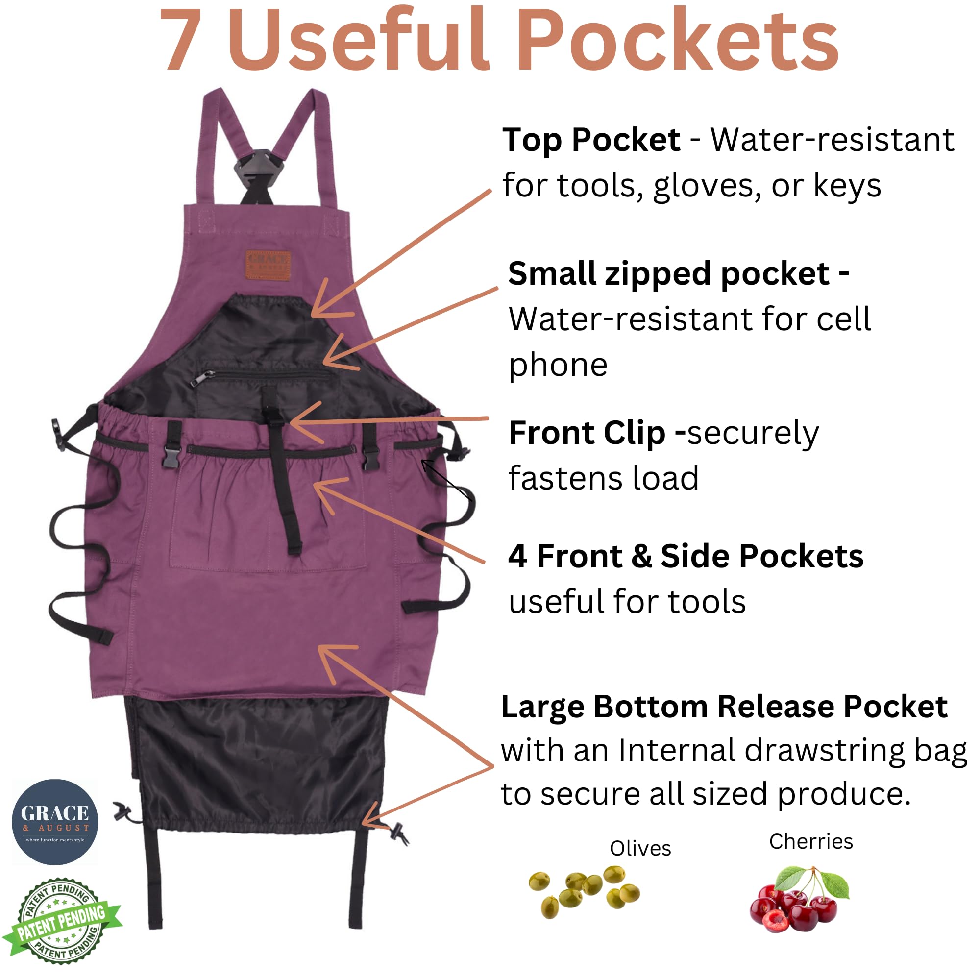 Grace and August gardening apron pocket layout shows zip top and bottom release pockets.