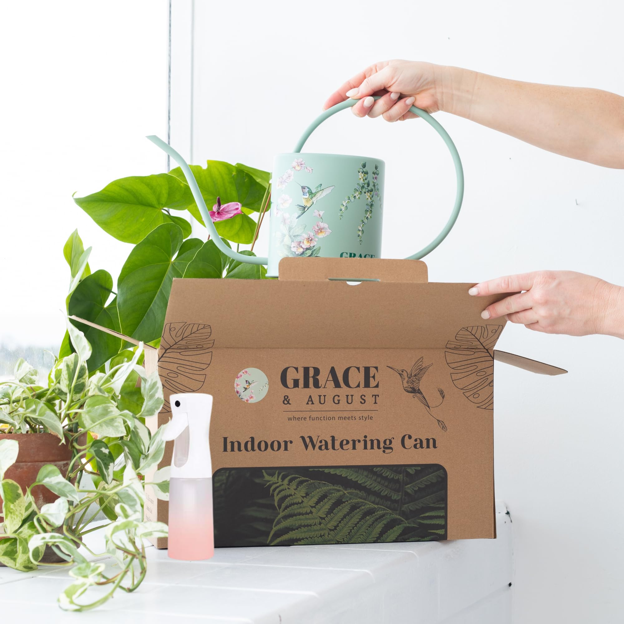 Grace and August watering can curved handle for comfortable watering