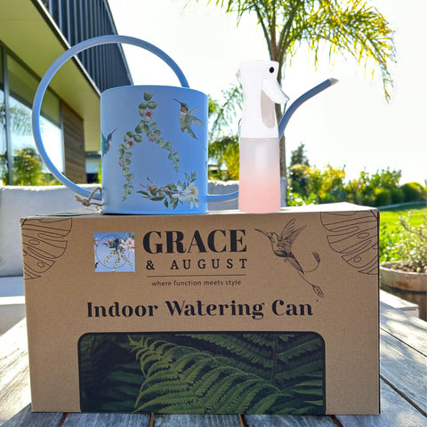 Grace and August curved handle provides comfortable watering grip.