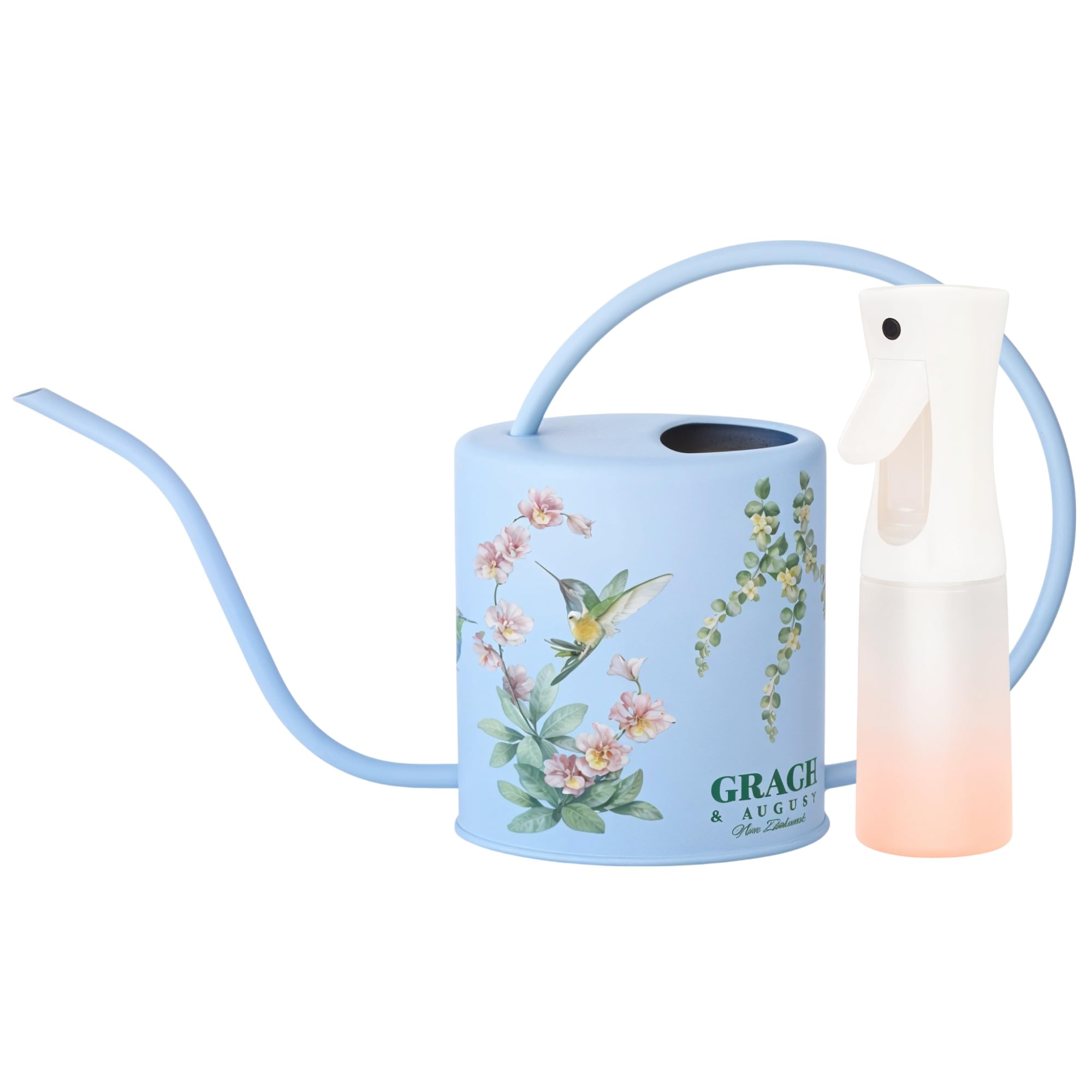 Grace and August Hummingbird Blue watering can with long spout for precise indoor watering.