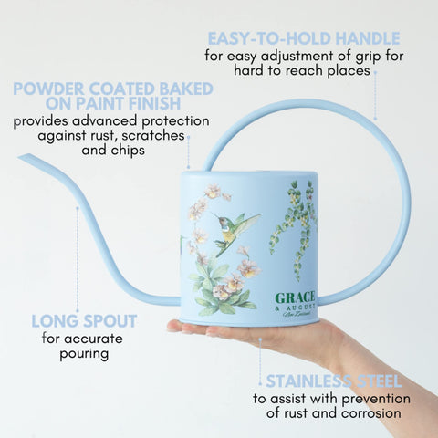 Grace and August oval-shaped watering can enhances home décor.