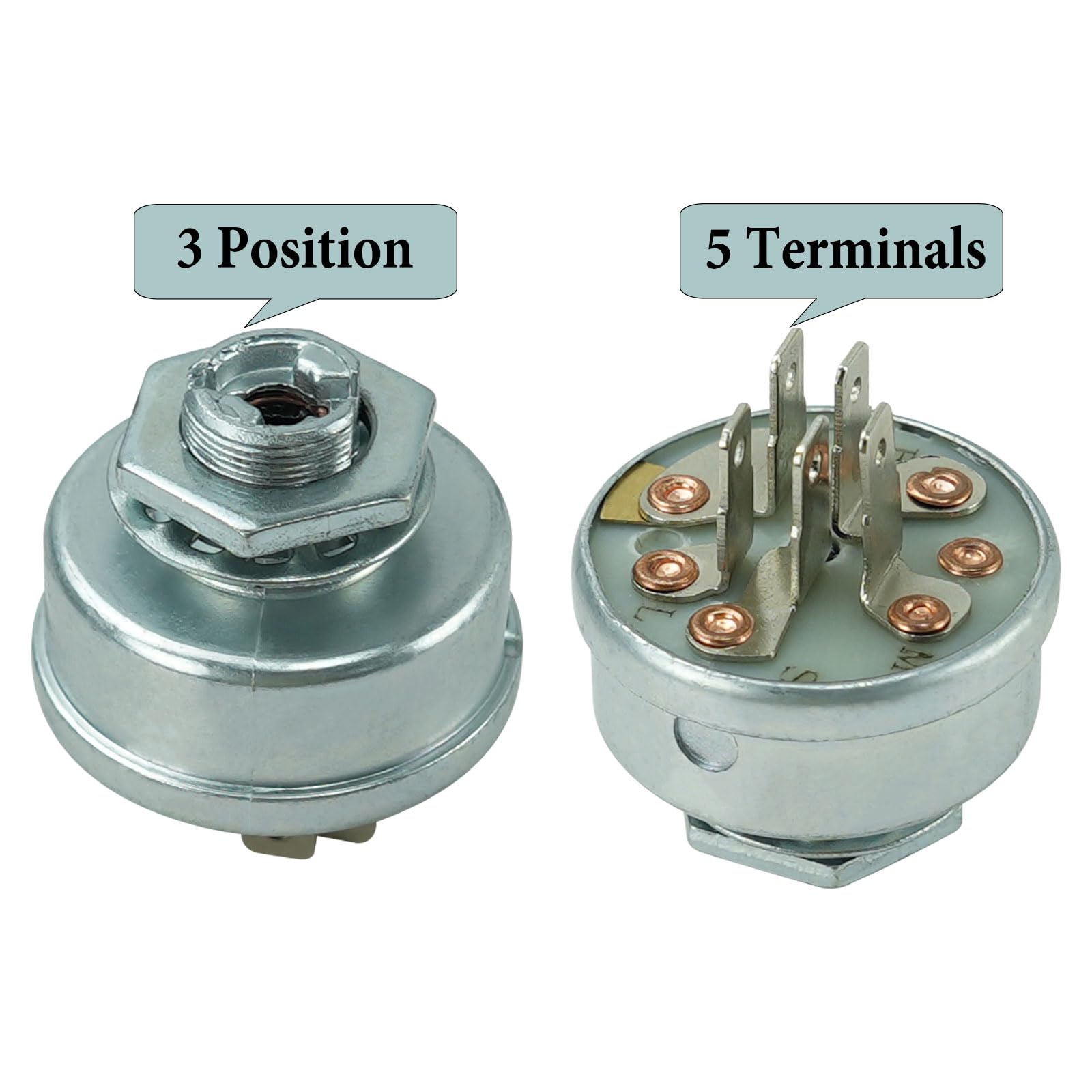 Gradora ignition switch rear view highlighting five terminals for flexible wiring.