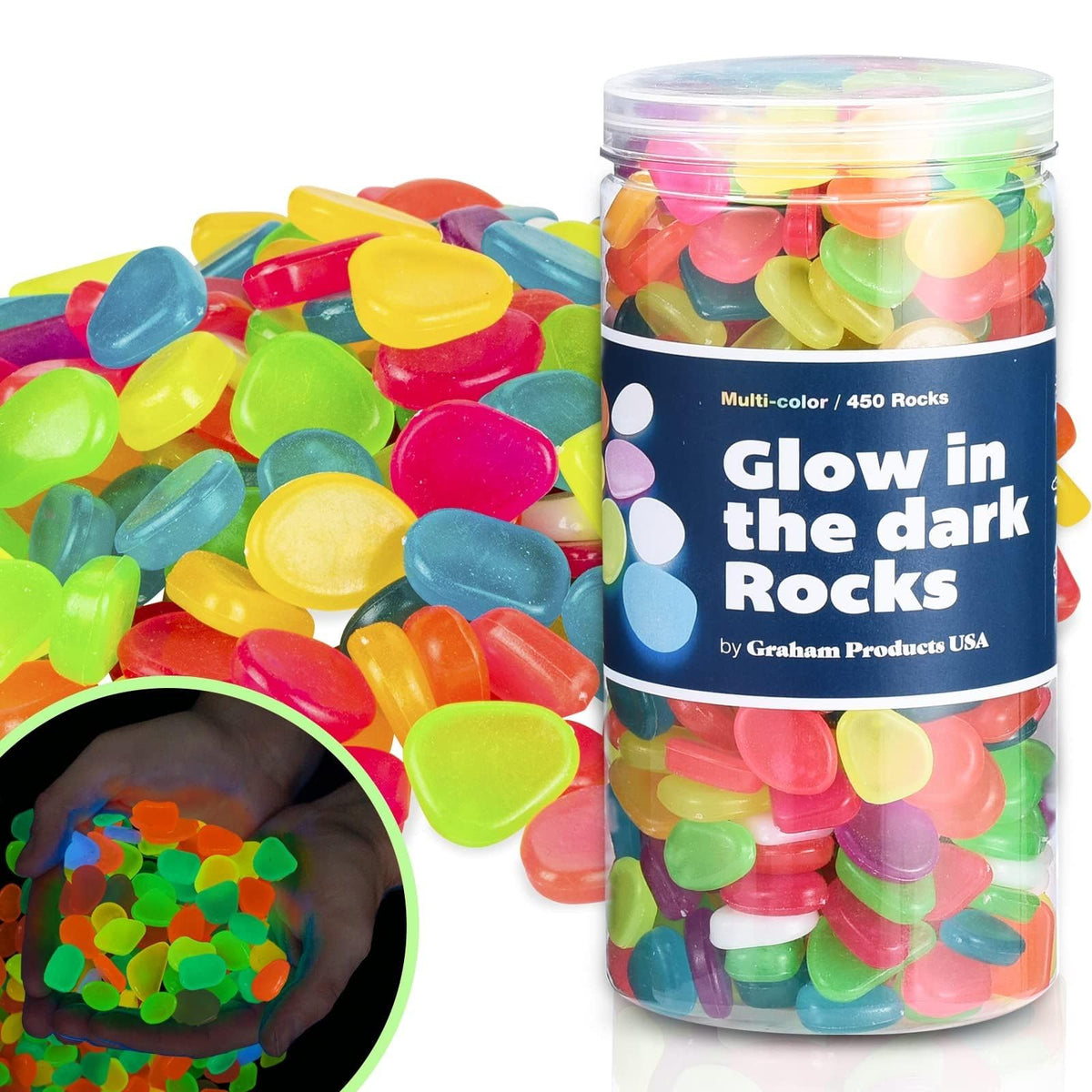 Graham Products Glow Rocks illuminate outdoor paths with vibrant multicolor glow