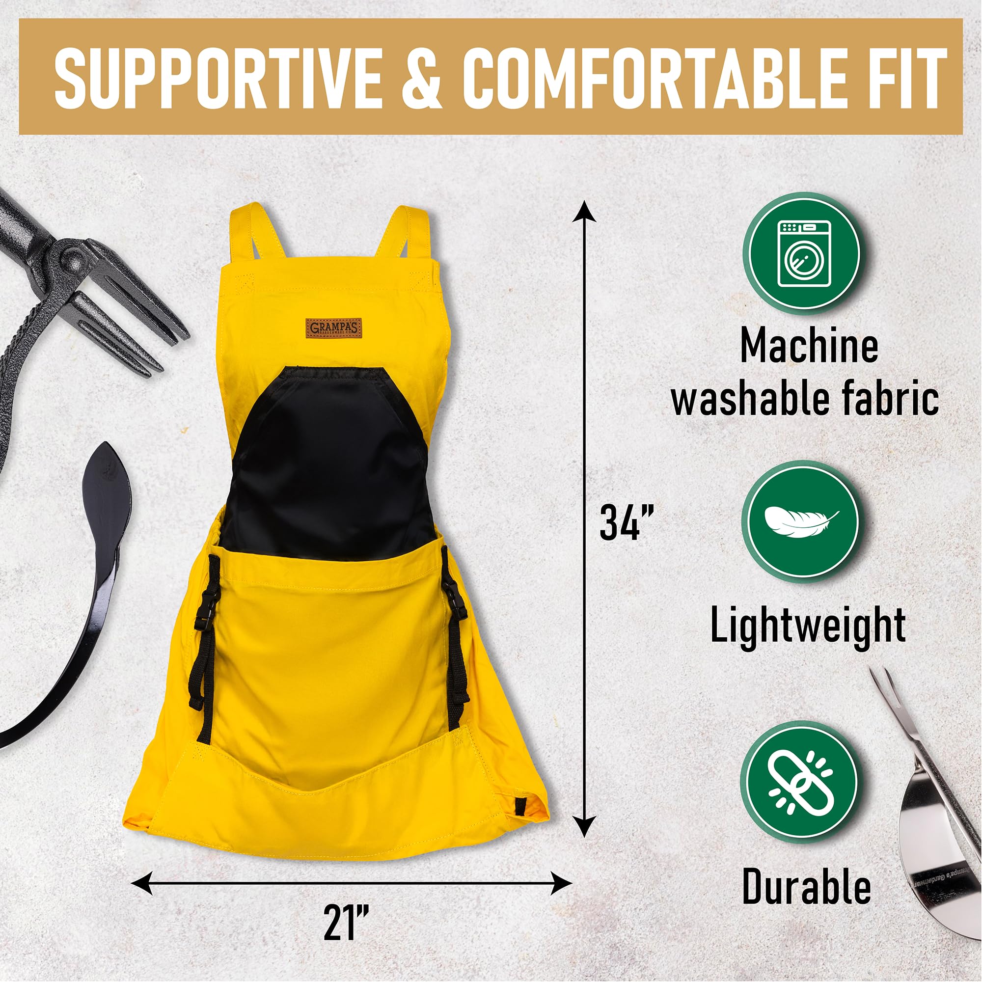 Grampa's Garden Apron adjustable cross-back straps distribute weight.
