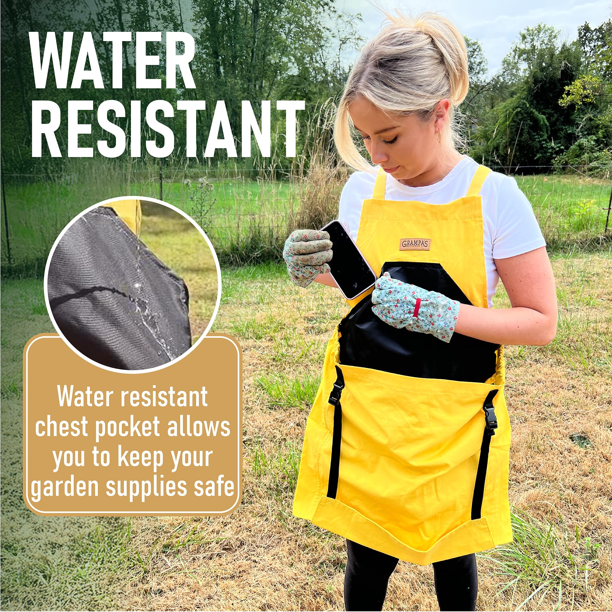 Grampa's Garden Apron waterproof chest pocket keeps clothes clean.