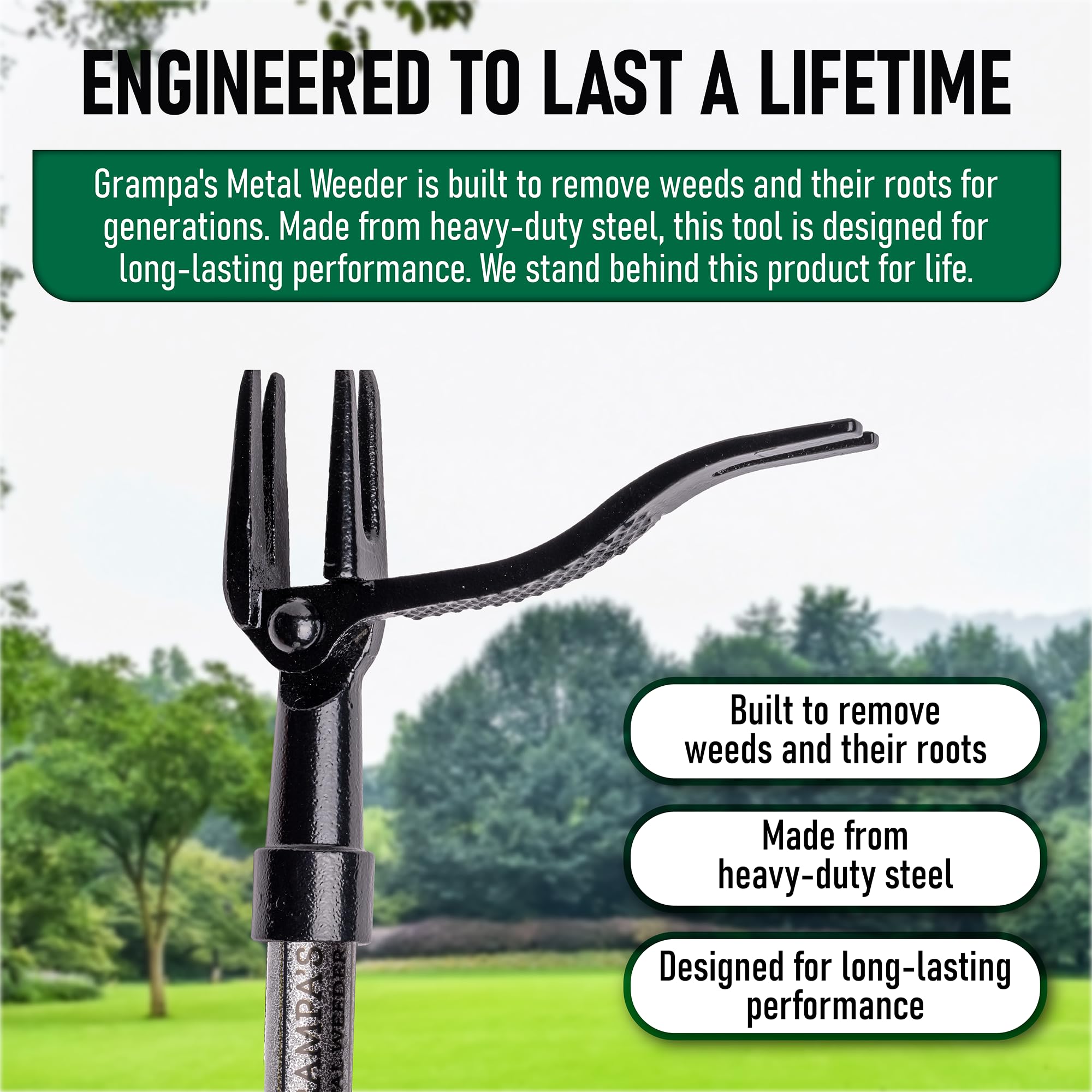 Grampa's Metal Weeder easy twist-on assembly for quick setup