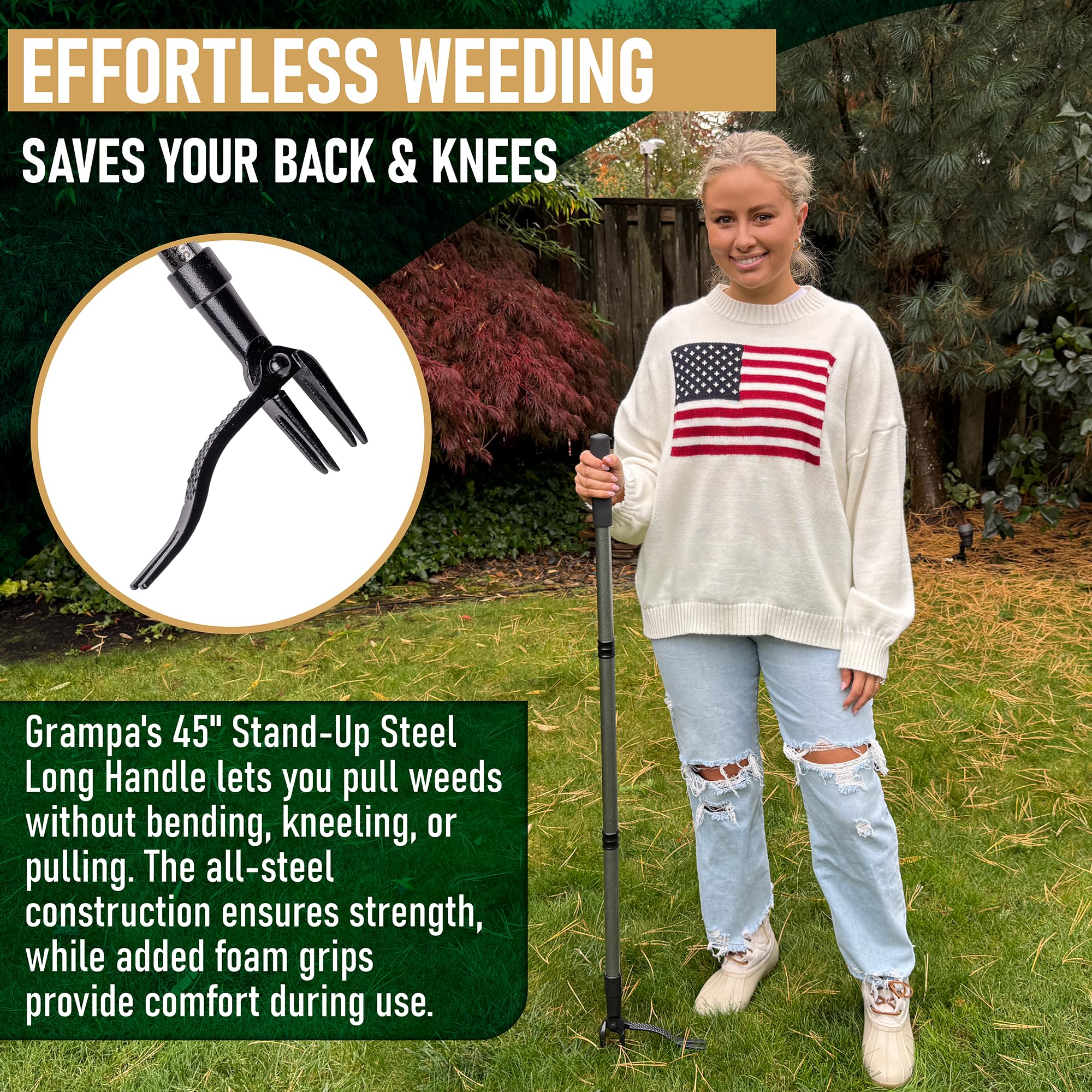 Grampa's Metal Weeder foam-grip handle adds comfort during use