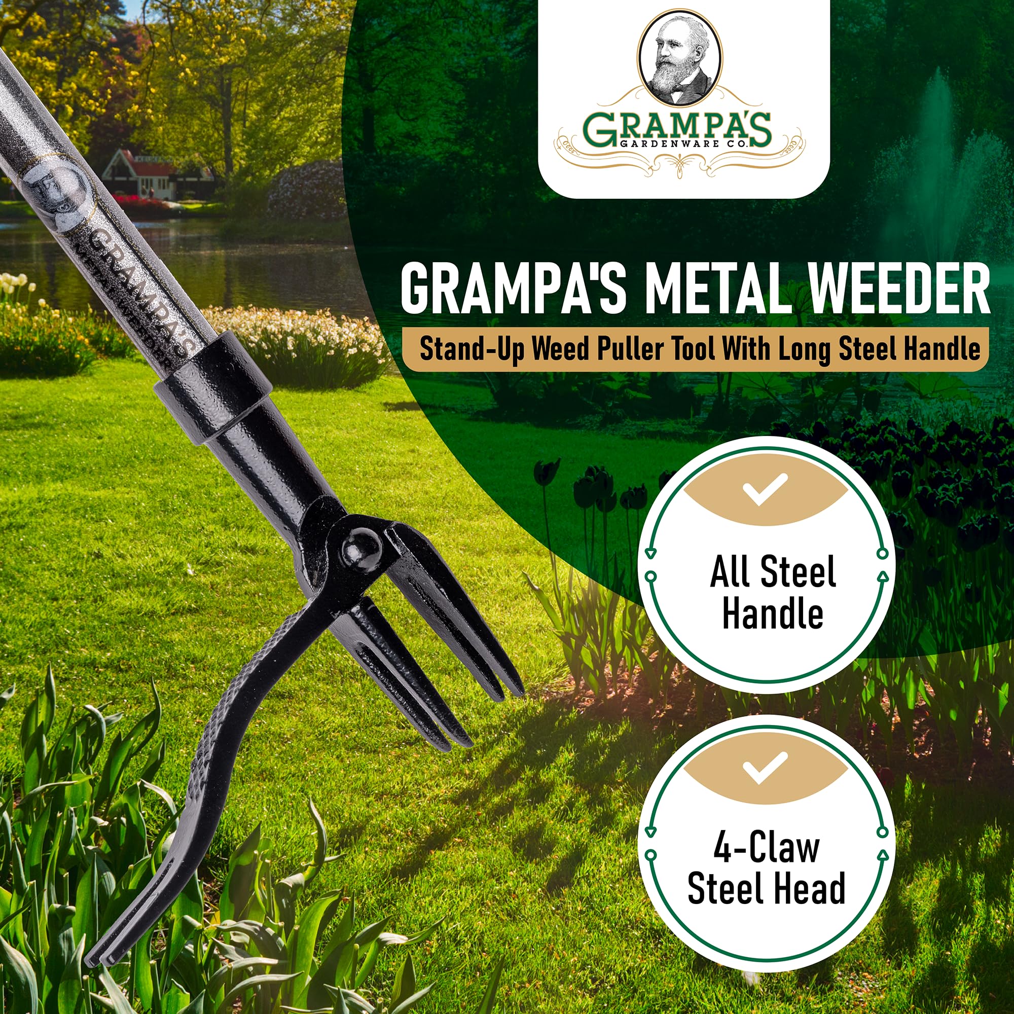 Grampa's Metal Weeder four-claw steel head grips roots for cleaner pulls