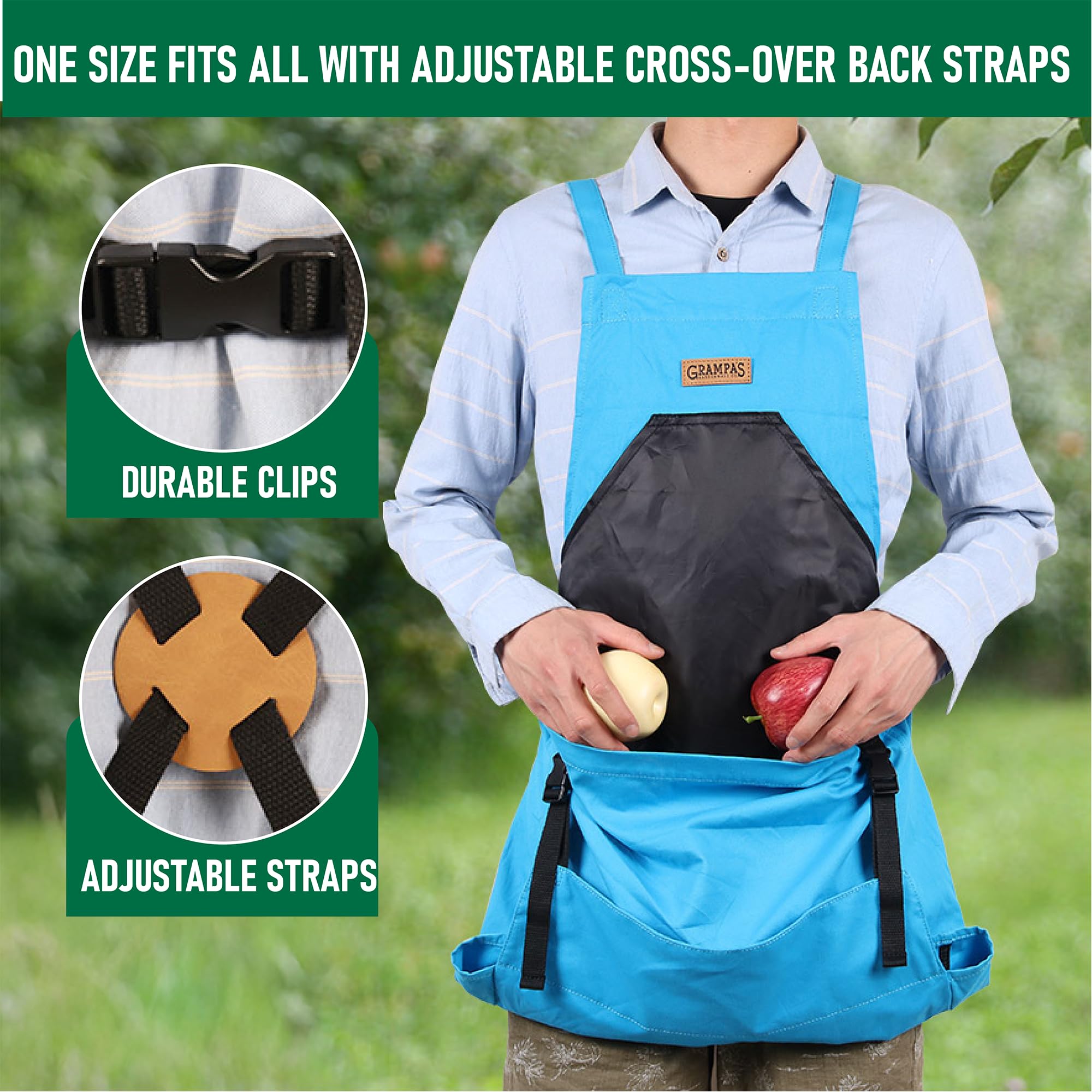 Grampa's Weeder garden apron fits up to 60-inch waist for versatility.