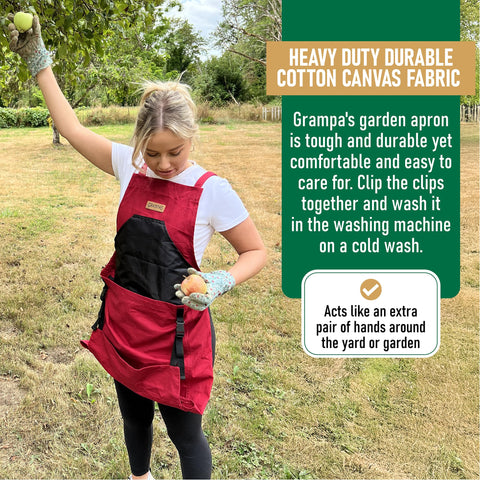 Grampa's Weeder versatile apron supports harvesting, weeding, and planting tasks.
