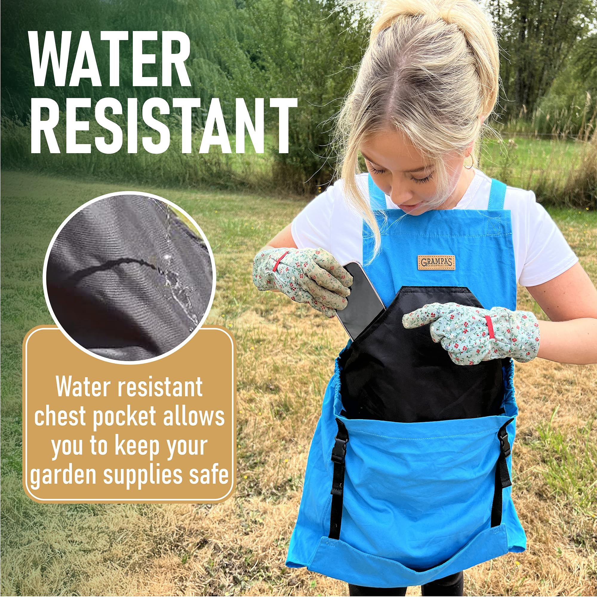 Grampa's Weeder cross-over straps distribute weight for comfortable wear.