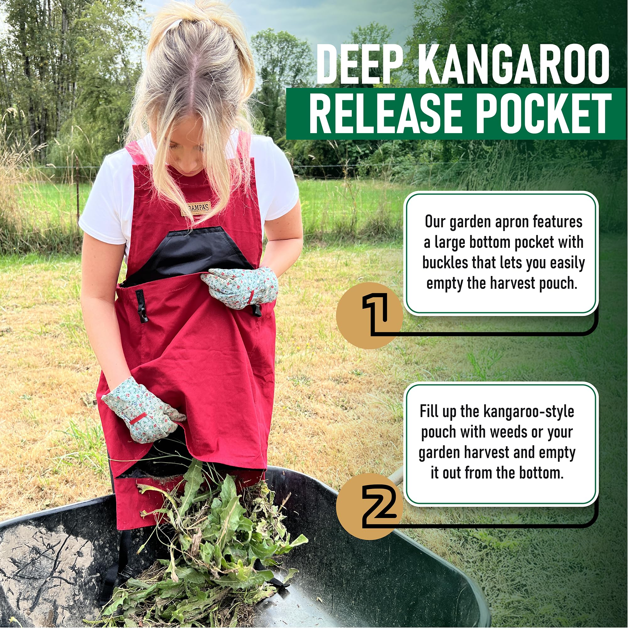 Grampa's Weeder cross-back strap provides balanced support for comfortable garden days.