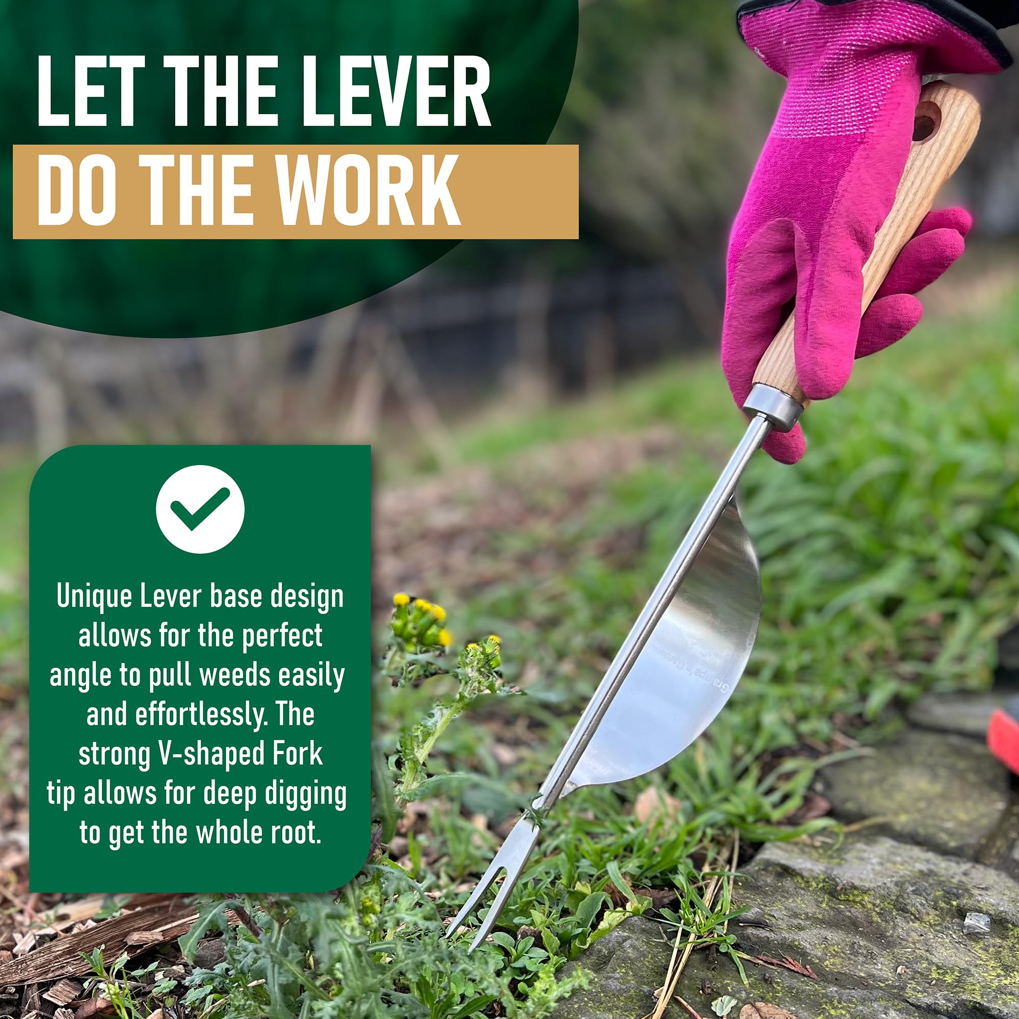 Grampa's Weeder stainless steel construction ensures lasting performance in rain.