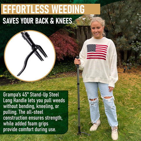 Grampa's Weeder foam grips provide comfortable control while pulling stubborn lawn weeds
