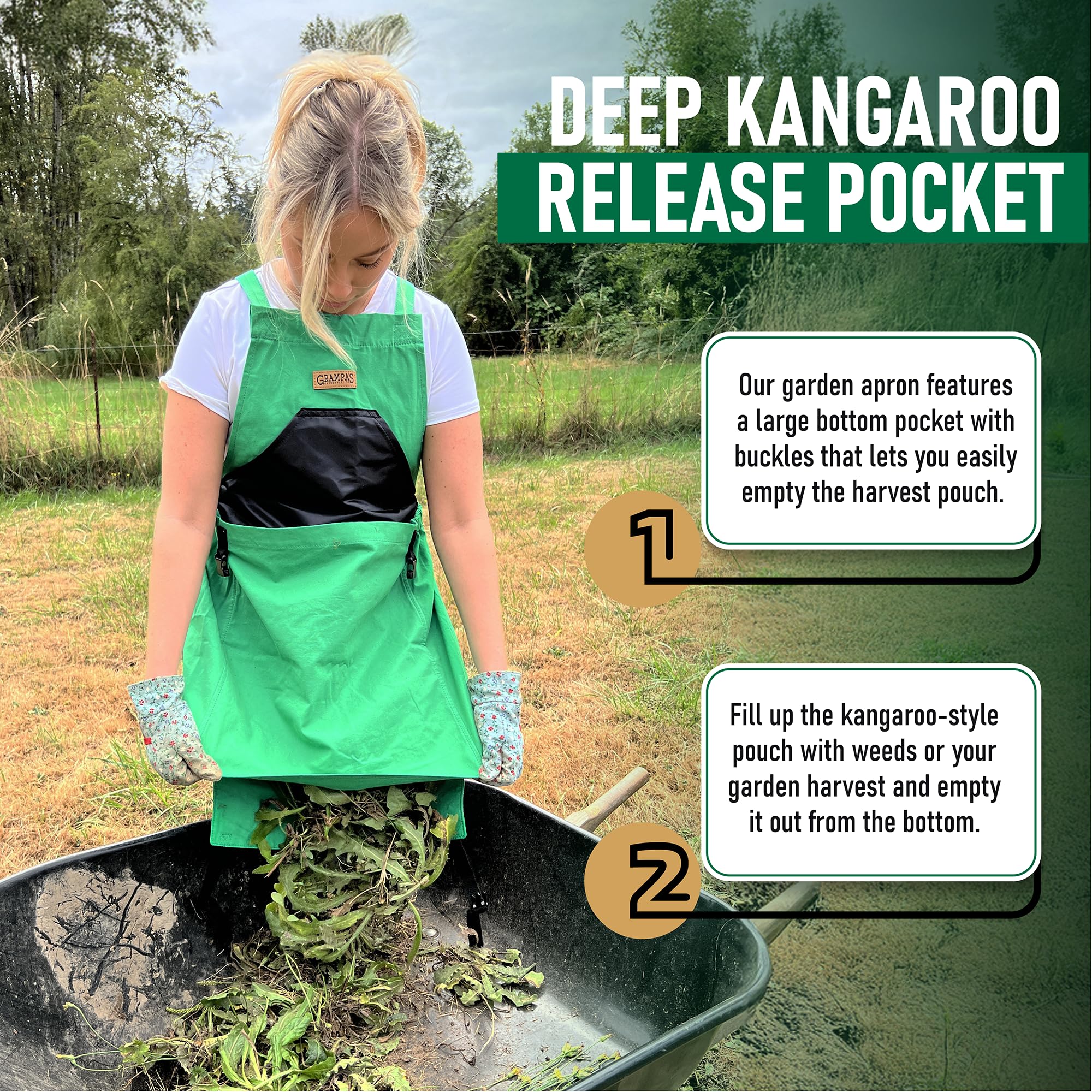 Grampa's Weeder kangaroo pouch holds harvest for easy collection.