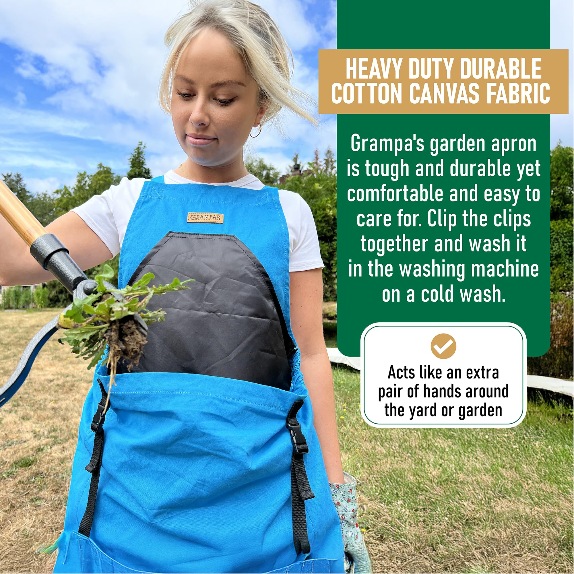 Grampa's Weeder apron kangaroo pouch for easy harvest collection.