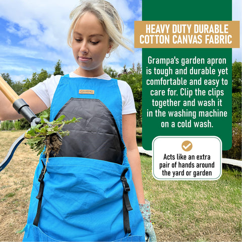 Grampa's Weeder apron kangaroo pouch for easy harvest collection.