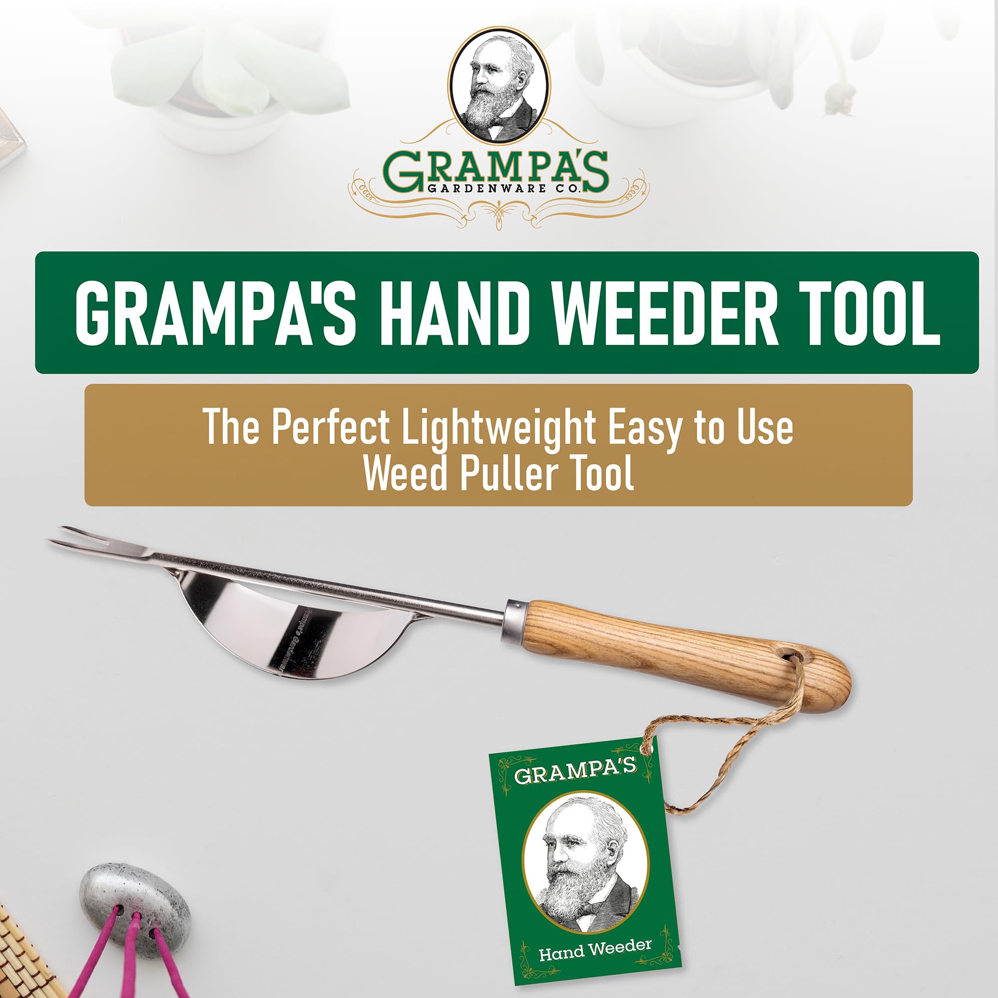 Grampa's Weeder with v-shaped forks in action for deep root removal.