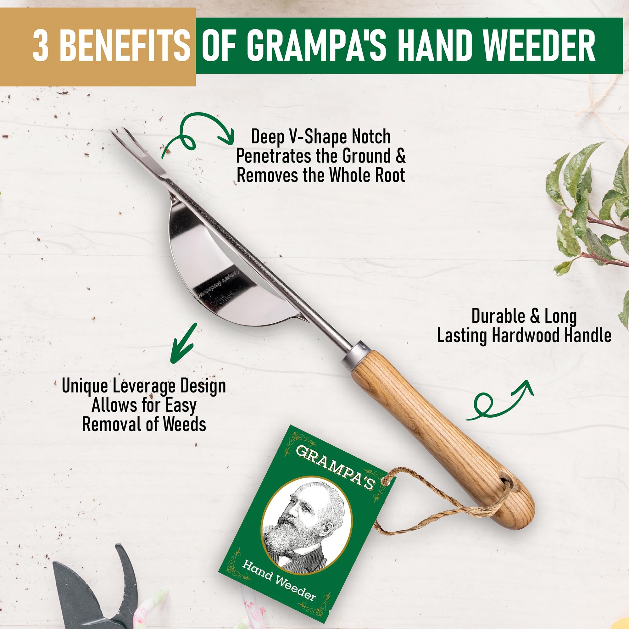 Grampa's Weeder wooden handle offers a comfortable grip during weeding.