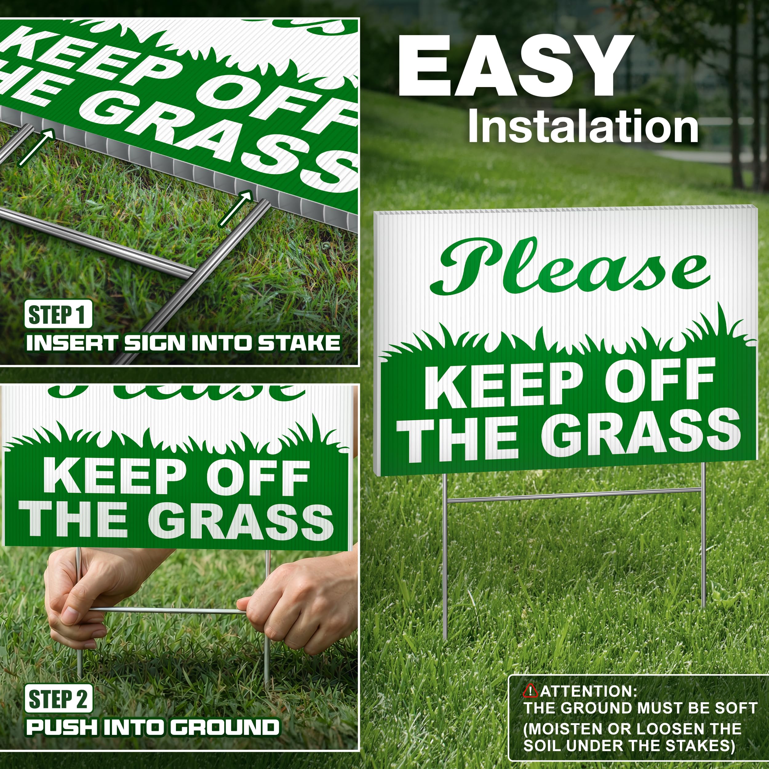 Granatan double-sided lawn signs guiding pedestrians near sidewalks.