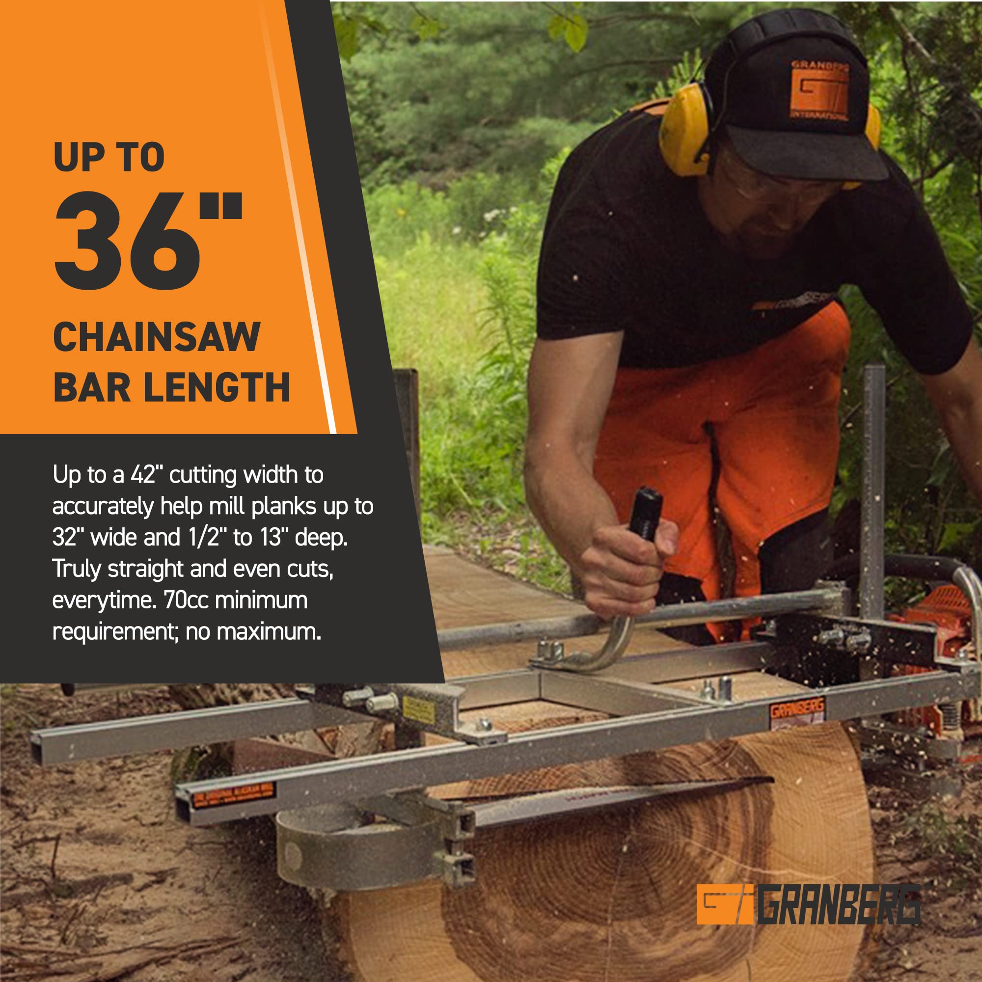 Granberg 36-inch sawmill with adjustable rail for versatile cuts.