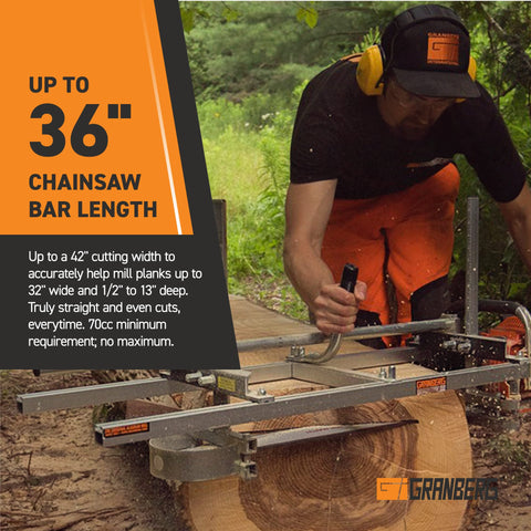 Granberg 36-inch sawmill with adjustable rail for versatile cuts.