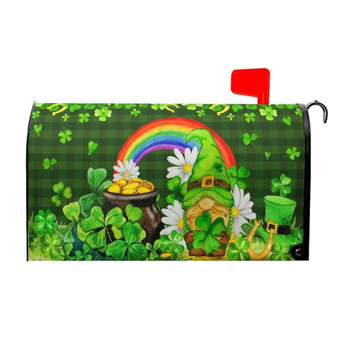 Granbey St Patrick's Day green gnome mailbox cover on a standard mailbox, durable and weatherproof.