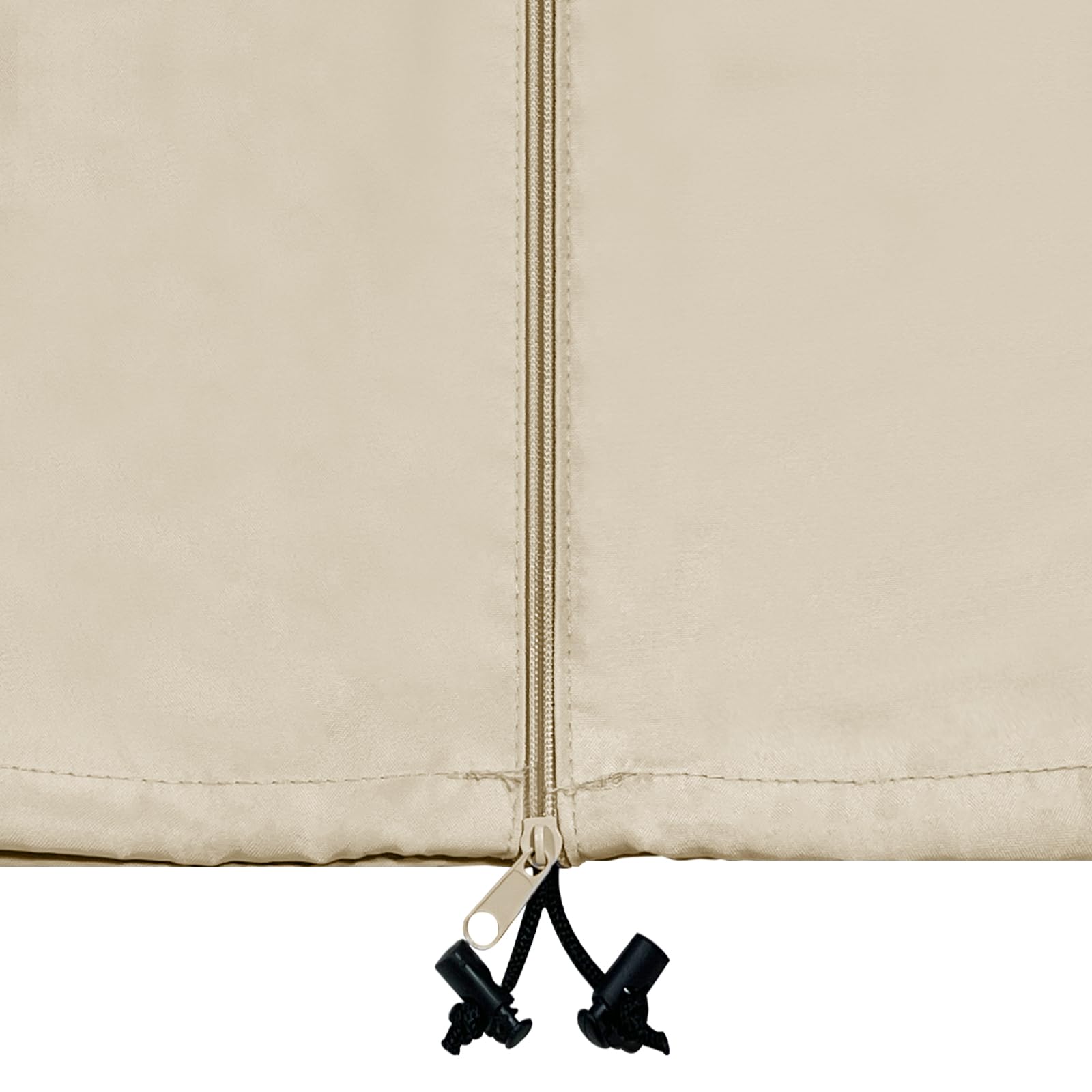 Grand Patio Deluxe cover on curved and straight pole umbrellas demonstrating wind-stable fit.