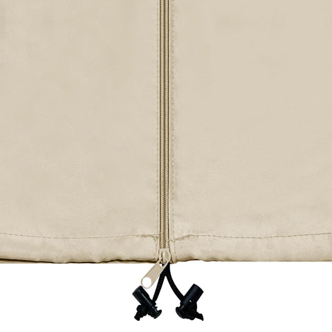 Grand Patio Deluxe cover on curved and straight pole umbrellas demonstrating wind-stable fit.