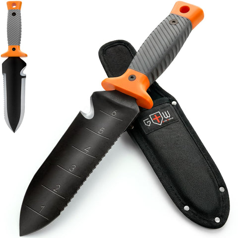 Grand Way Hori Hori knife with sheath shown for safe storage and quick access