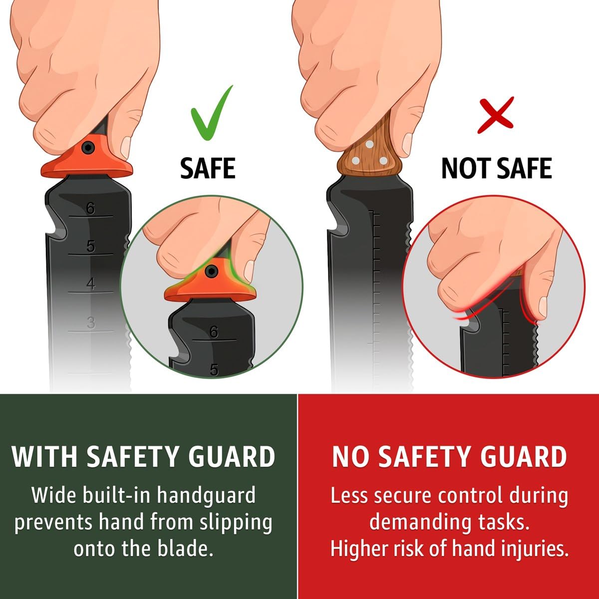 Grand Way Hori Hori knife safety guard prevents hand slips during heavy digging