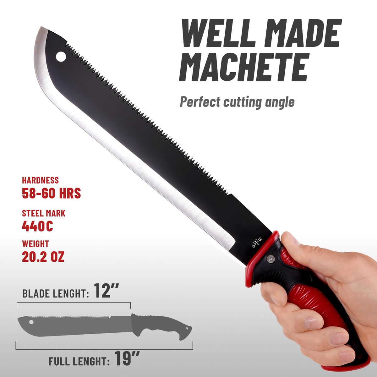 Ergonomic Grand Way machete handle provides a comfortable, non-slip grip during long tasks.
