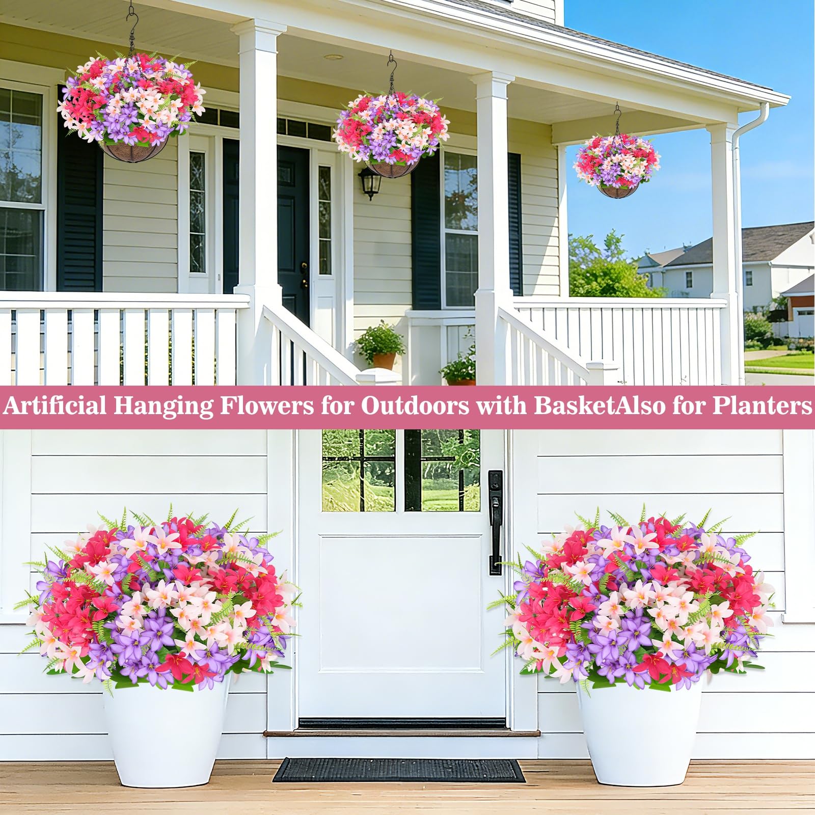 Grandeal artificial hanging plants with pink hyacinth provide bright accent without watering