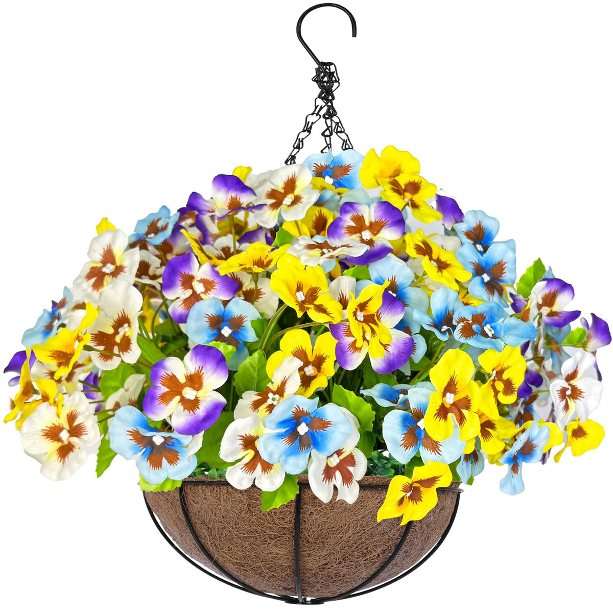 Grandeal Pansies hanging basket with white, blue, purple, and yellow blooms for porch decor