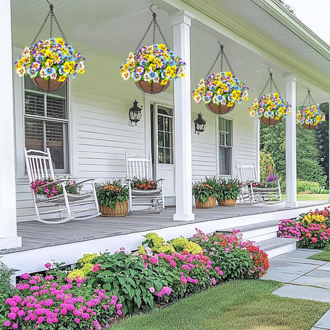 Outdoor porch decor setup with Grandeal pansies hanging arrangement