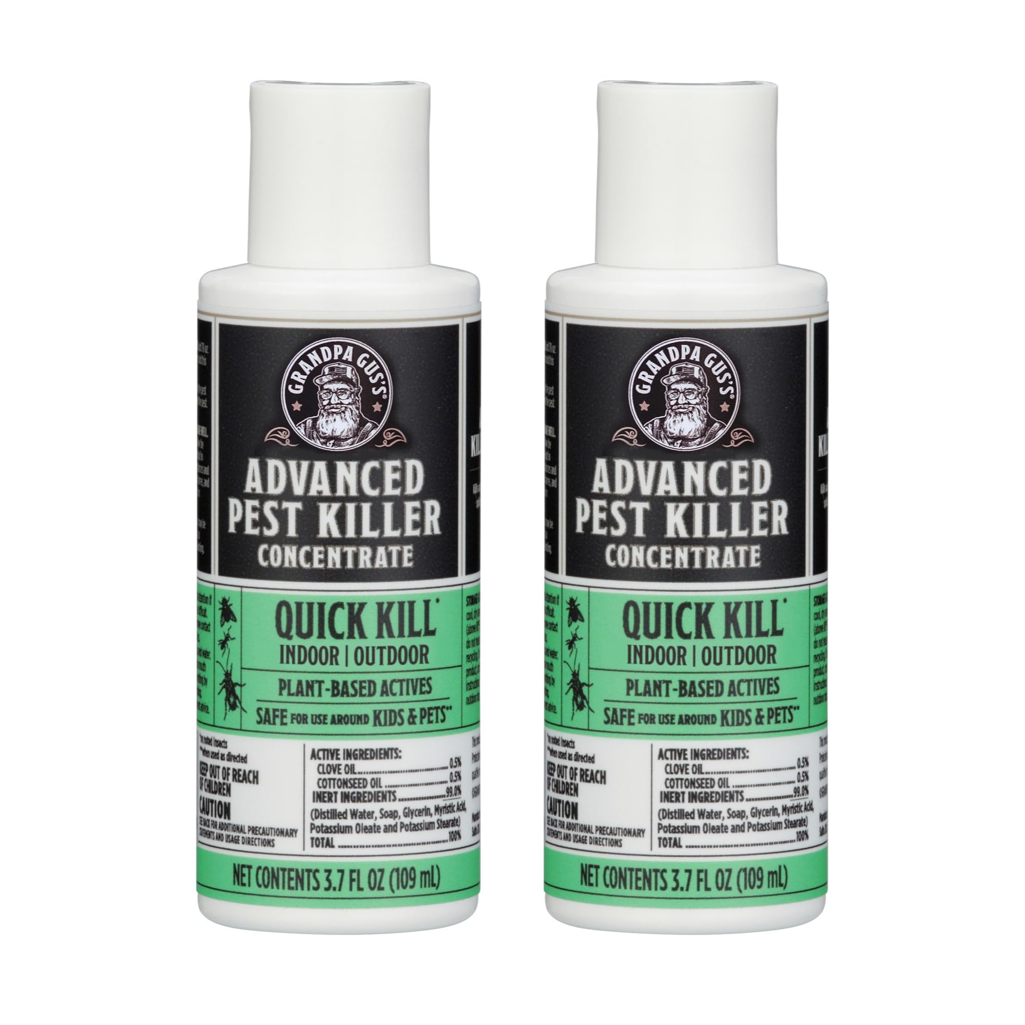 Grandpa Gus's Advanced Pest Control bottle pour illustrates easy dilution for indoor and outdoor use.
