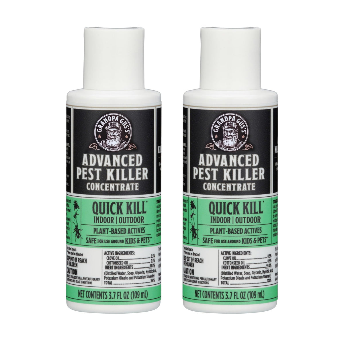 Grandpa Gus's Advanced Pest Control bottle pour illustrates easy dilution for indoor and outdoor use.