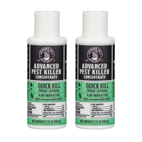 Grandpa Gus's Advanced Pest Control bottle pour illustrates easy dilution for indoor and outdoor use.