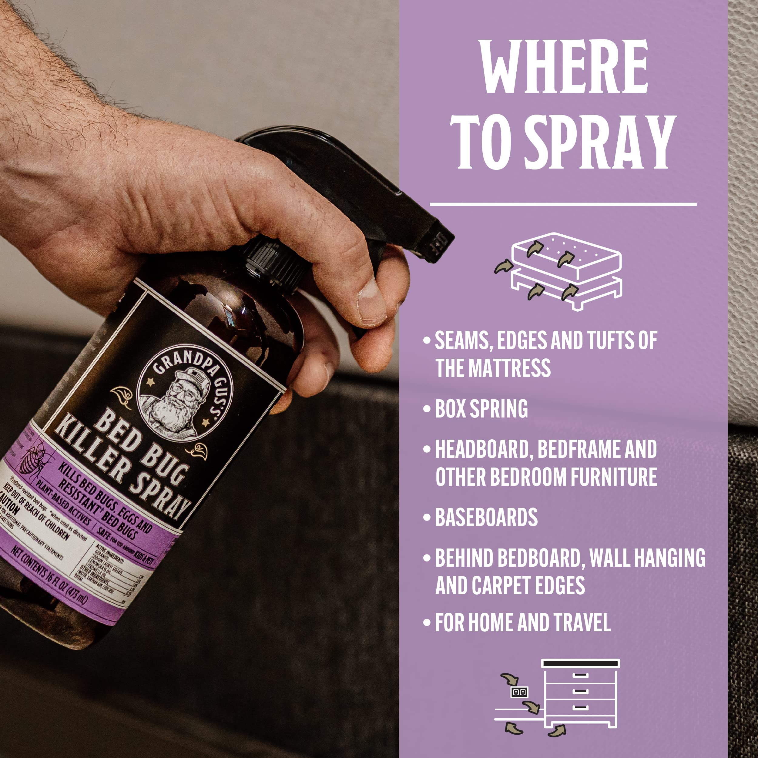 Grandpa Gus's spray treats bedding for clean, refreshed nights.