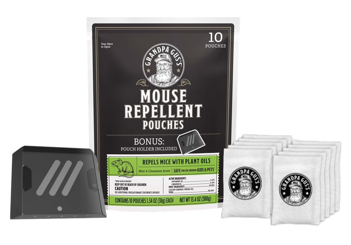Grandpa Gus's extra-strength mouse repellent bottle deters mice in kitchen spaces