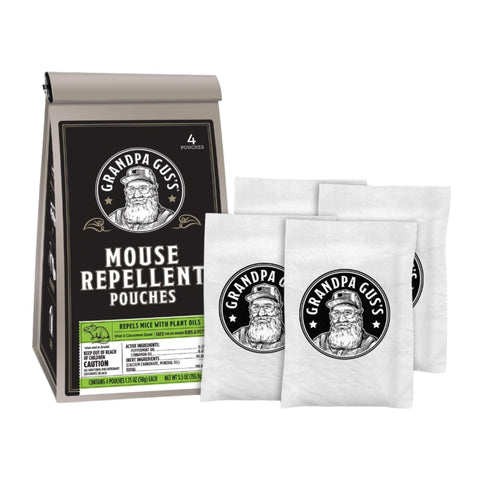 Grandpa Gus's extra-strength mouse repellent pouches close-up showcasing time-release scent for protection