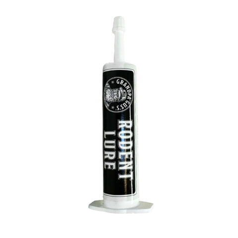 Grandpa Gus's food-grade rodent lure bottle shown for safe attraction.